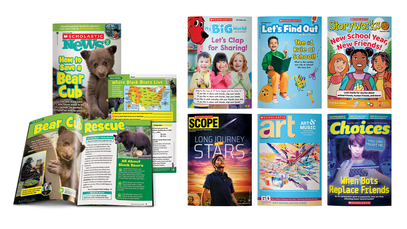 Collage of Scholastic educational magazine covers for students across different grade levels