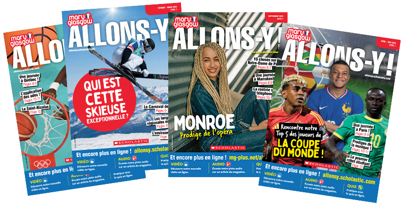 Four issues of Allons-y!, a French-language magazine published by Mary Glasgow Scholastic