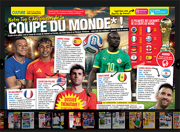 A French magazine spread features top five World Cup soccer players with photos and stats