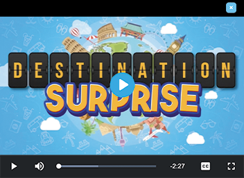Video titled Destination Surprise, a globe with travel landmarks surrounds the title