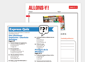A worksheet titled Allons-y features an Express Quiz activity about Une Chanteuse Inspirante