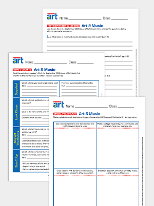 Three overlapping worksheet pages titled Art and Music with reading and activity sections