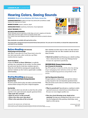 A lesson plan titled Hearing Colors, Seeing Sounds for elementary art class
