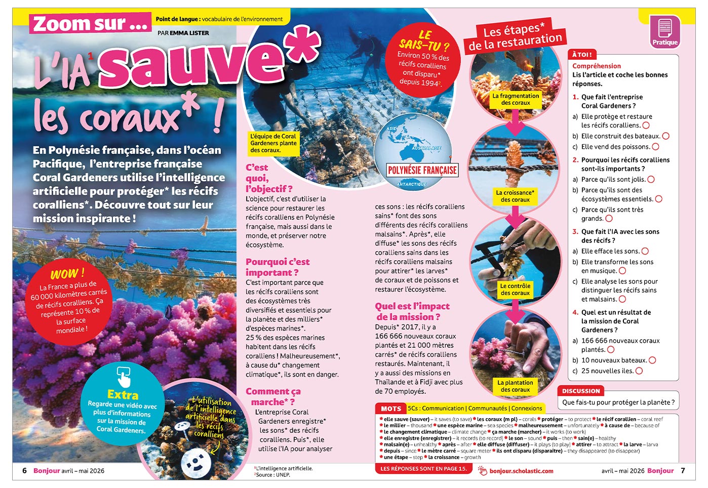 A French-language magazine spread about AI and coral reef restoration in French Polynesia