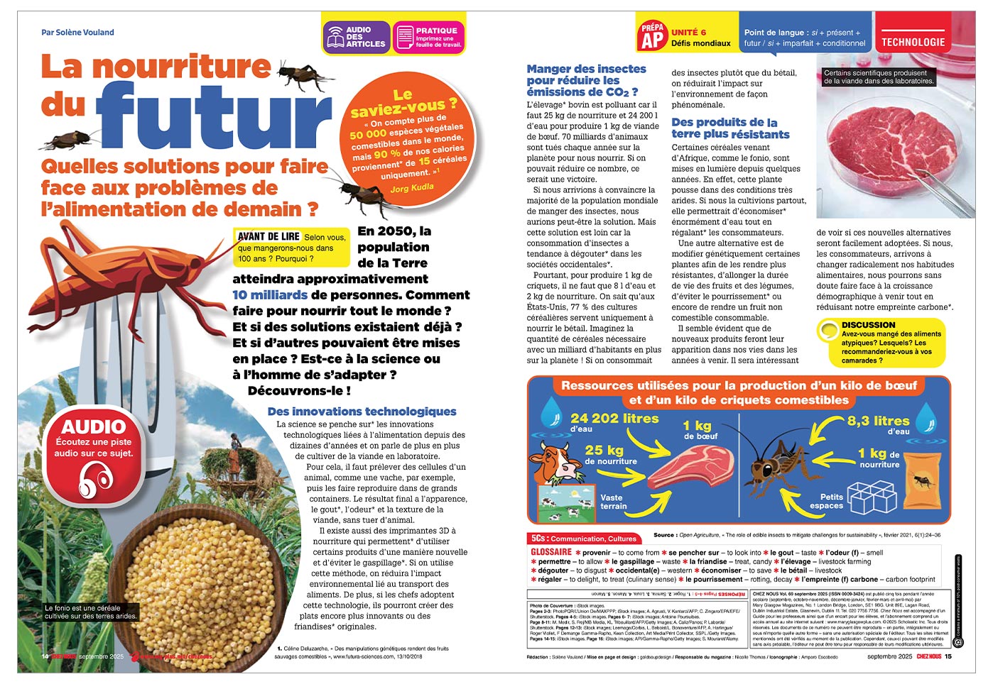 A French magazine spread about the future of food, featuring insects, grains, and lab-grown meat
