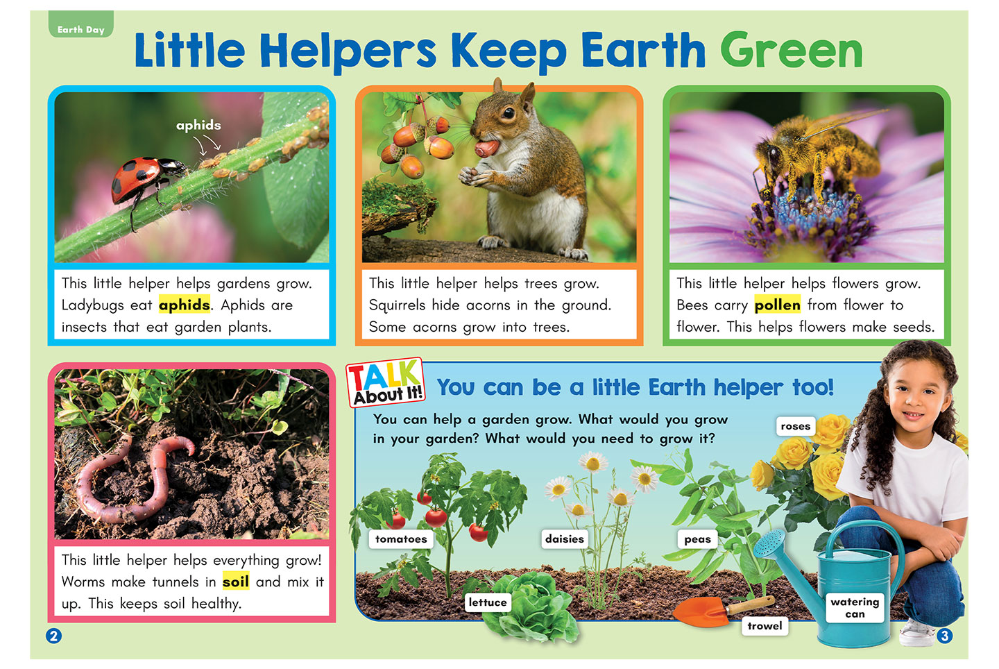 An educational spread titled Little Helpers Keep Earth Green shows animals, insects, and garden plants with labels