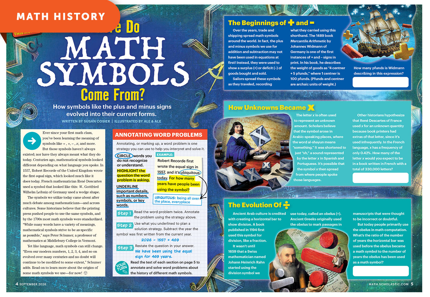A magazine spread titled Math History explores the origins of math symbols