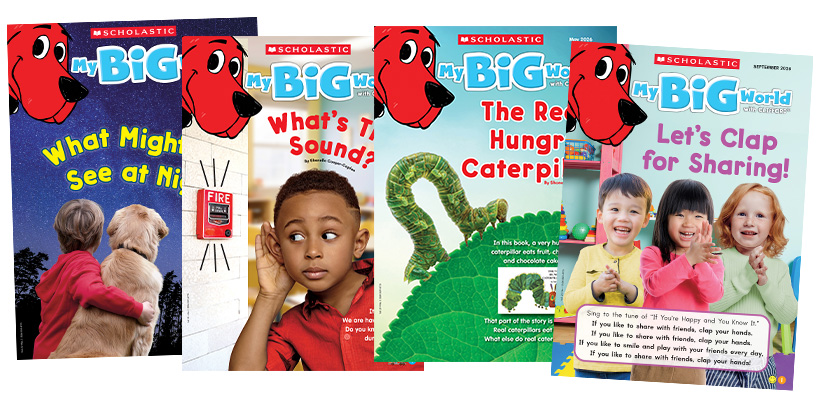Four covers of Scholastic My Big World magazine with Clifford the Big Red Dog