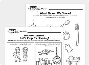 Two children's worksheets about sharing, with coloring activities and discussion prompts