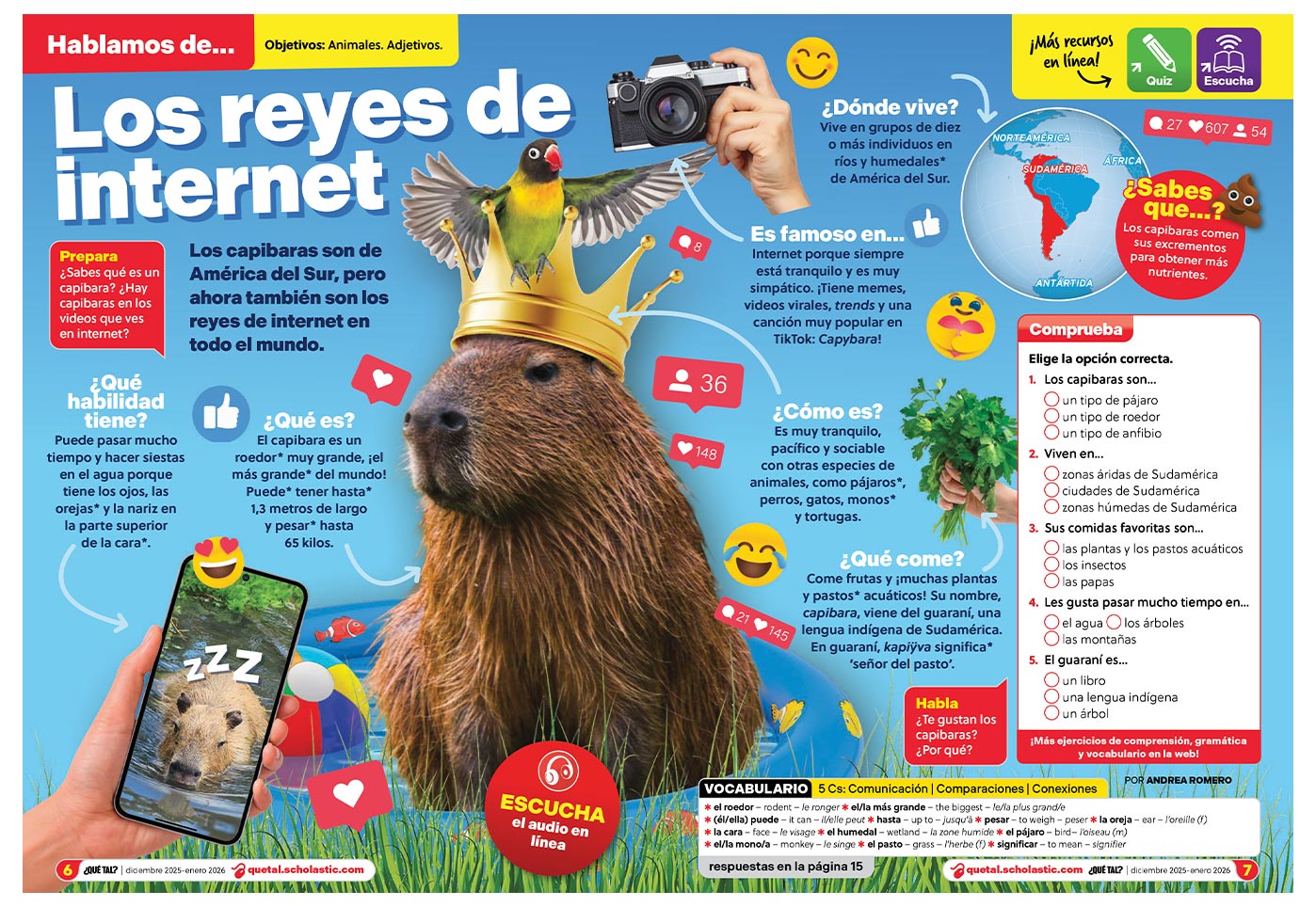 A Spanish-language magazine spread about capybaras titled Los Reyes De Internet