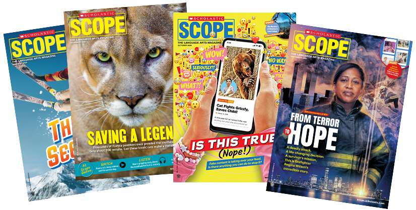 Four issues of Scholastic Scope magazine spread out, each with a different cover story