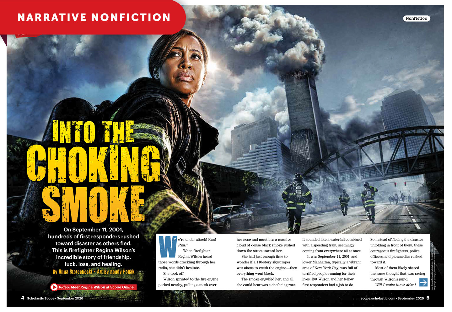 A firefighter stands in gear as smoke billows from buildings on September 11, 2001
