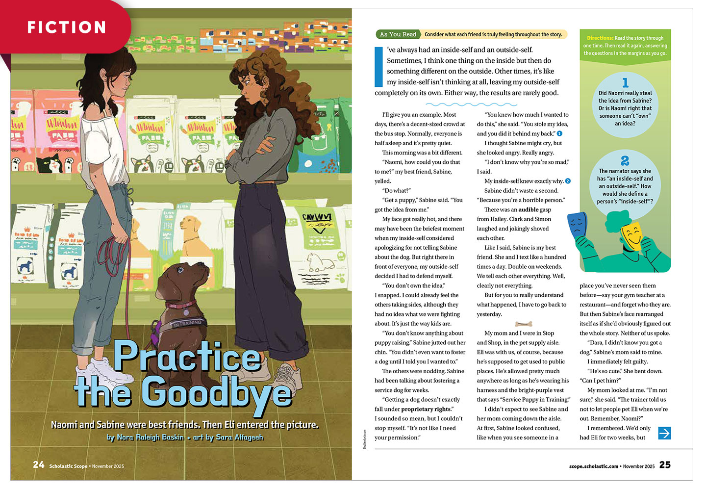 Cover of Practice the Goodbye, two girls face each other in a pet supply store as a brown dog sits between them