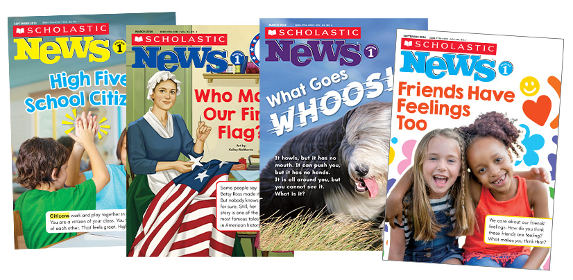 Four covers of Scholastic News Level 1 magazine with varied topics for young readers