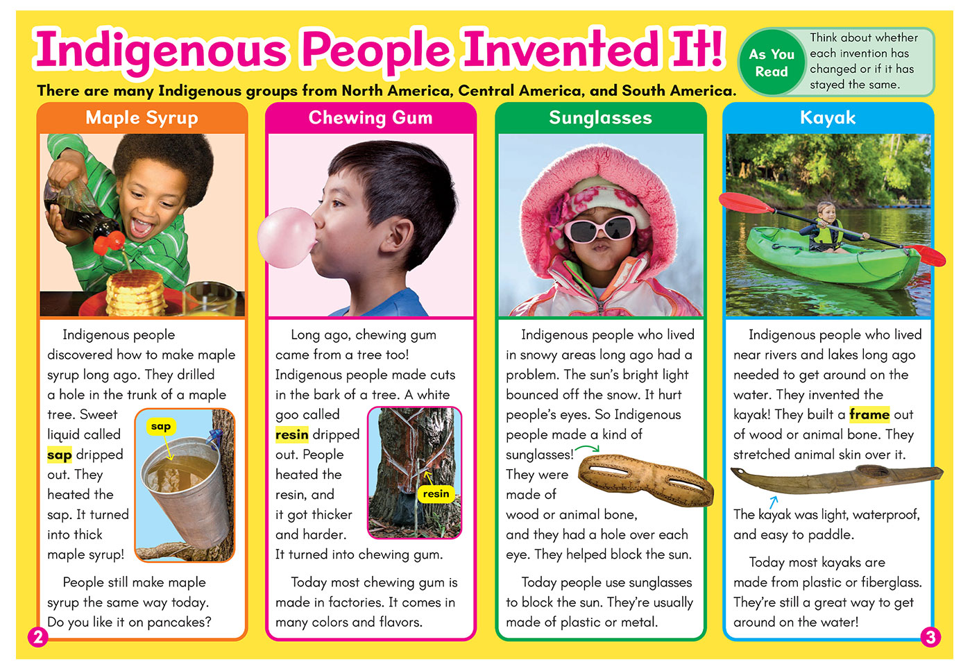 Collage about Indigenous inventions including maple syrup, chewing gum, sunglasses, and kayaks