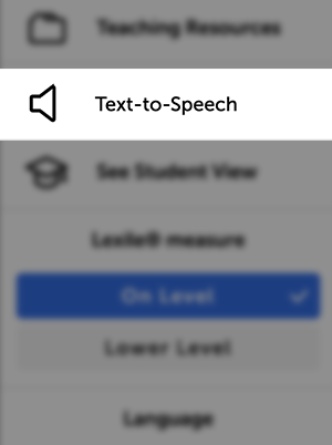 A menu highlights the Text-to-Speech option among other settings including On Level