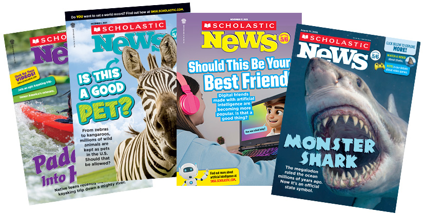 Four covers of Scholastic News magazine with topics including exotic pets, AI, and a monster shark
