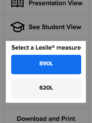 A menu to select a Lexile measure with options for 890L and 620L