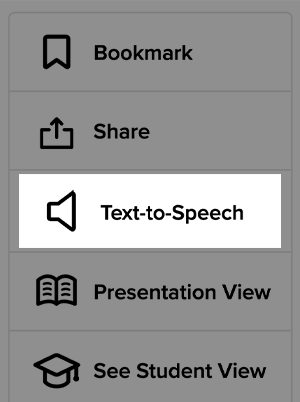 A menu with Bookmark, Share, Text-to-Speech, Presentation View, and See Student View options