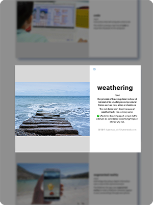 A digital flashcard defines weathering with a photo of ocean waves over rocks
