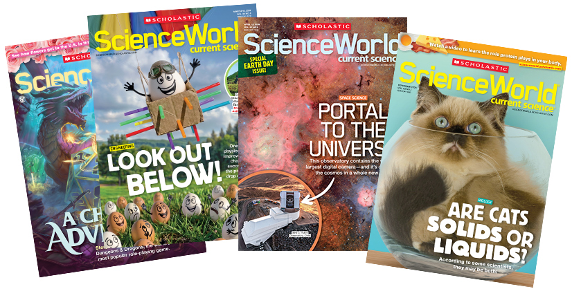 Four covers of Scholastic Science World magazine spread out in a fan arrangement