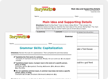 Two Storyworks worksheet pages on main idea, supporting details, and grammar capitalization