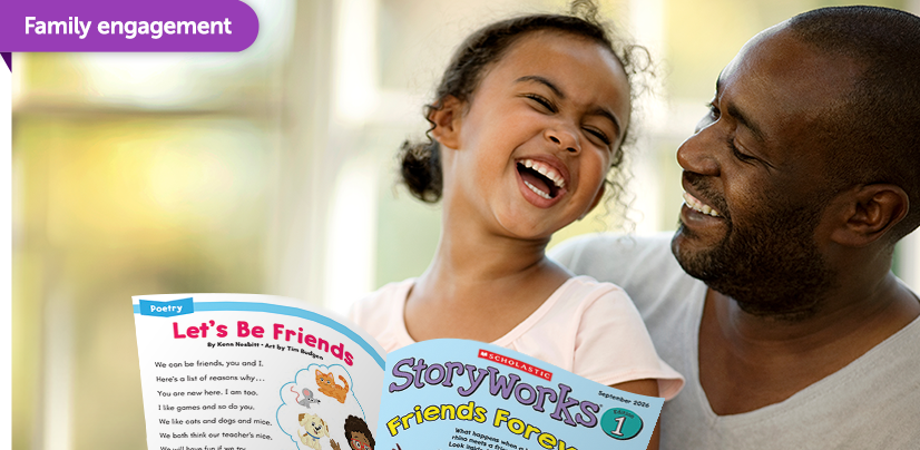 A girl and a man share a laugh while holding a Scholastic Storyworks magazine