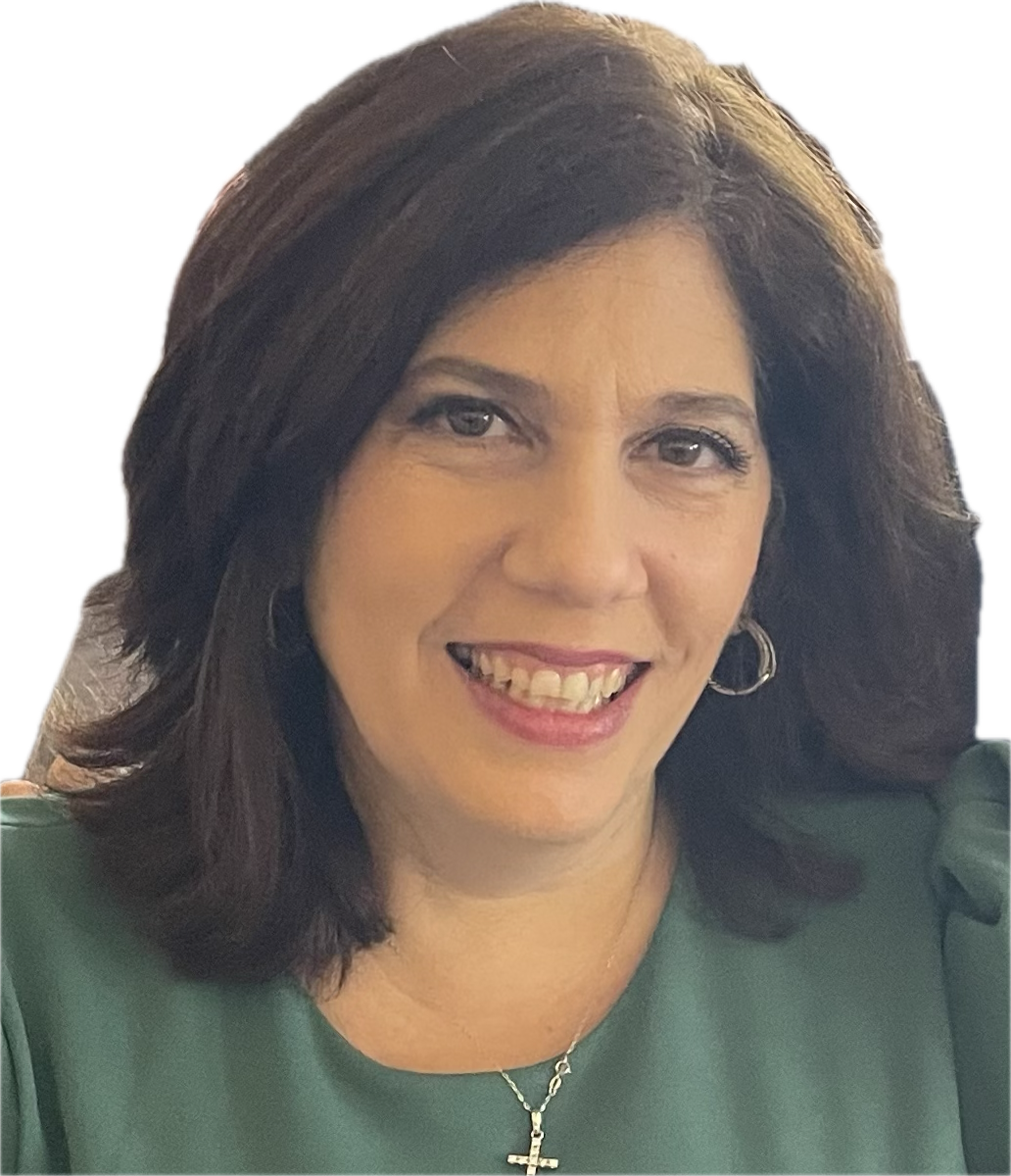 A woman faces forward against a white background