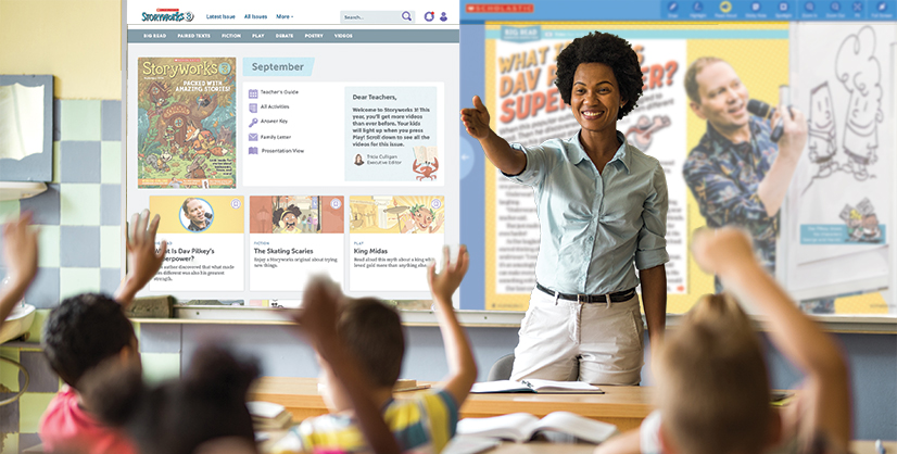 A woman leads a classroom as students raise their hands toward a Storyworks digital display