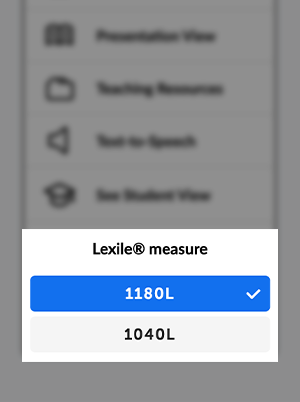 A dropdown menu shows Lexile measure options with 1180L selected and 1040L below it
