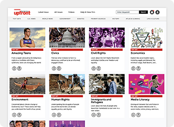 The Upfront magazine website displays a grid of topic categories with article thumbnails