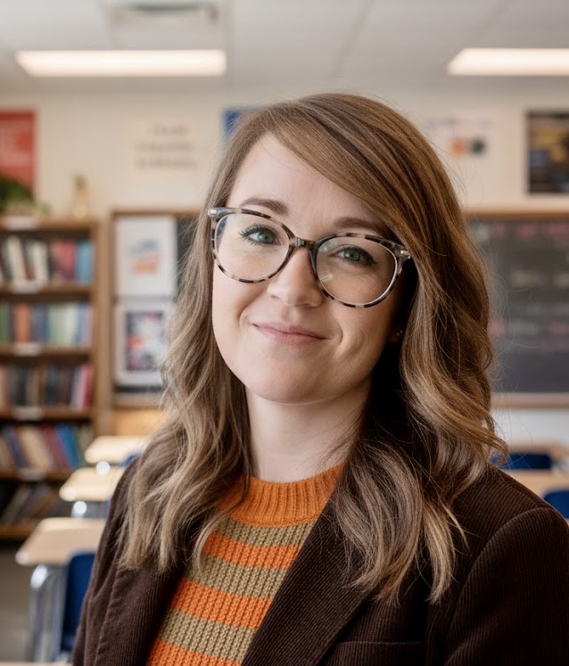 A woman with glasses stands in a classroom with bookshelves and a chalkboard in the background
