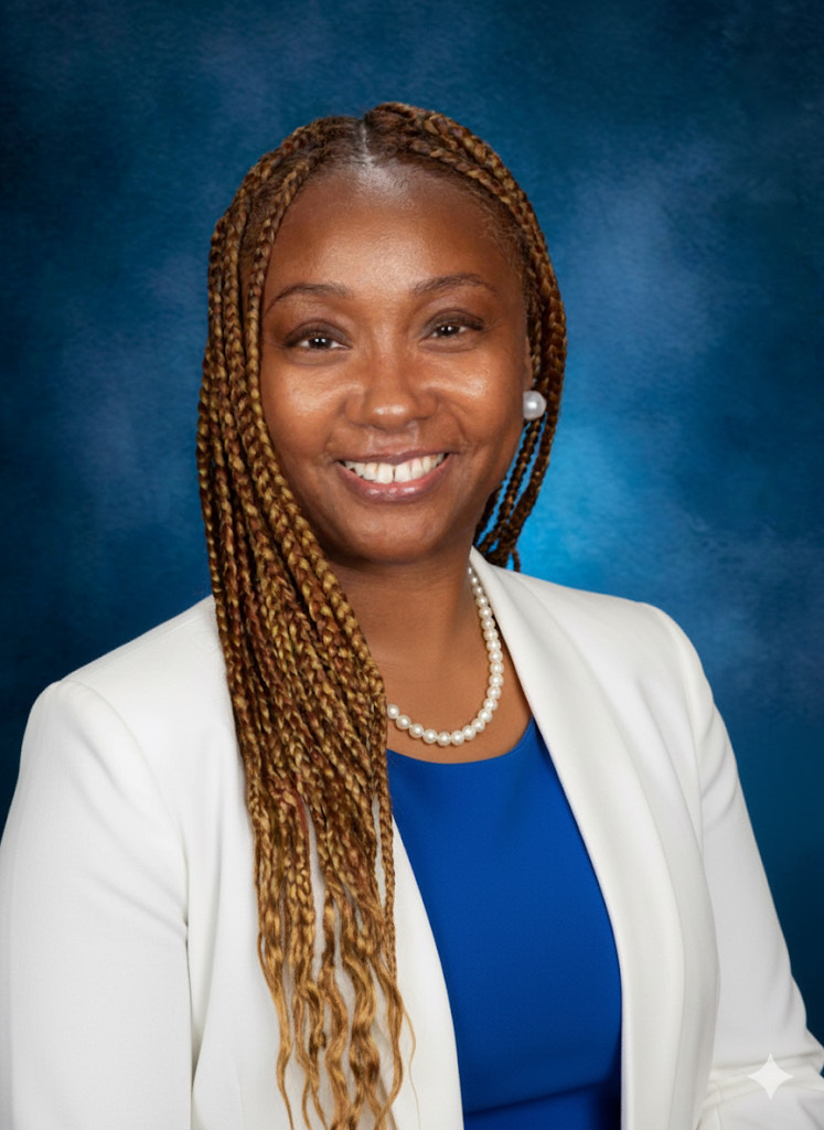 A woman poses for a formal portrait against a blue background