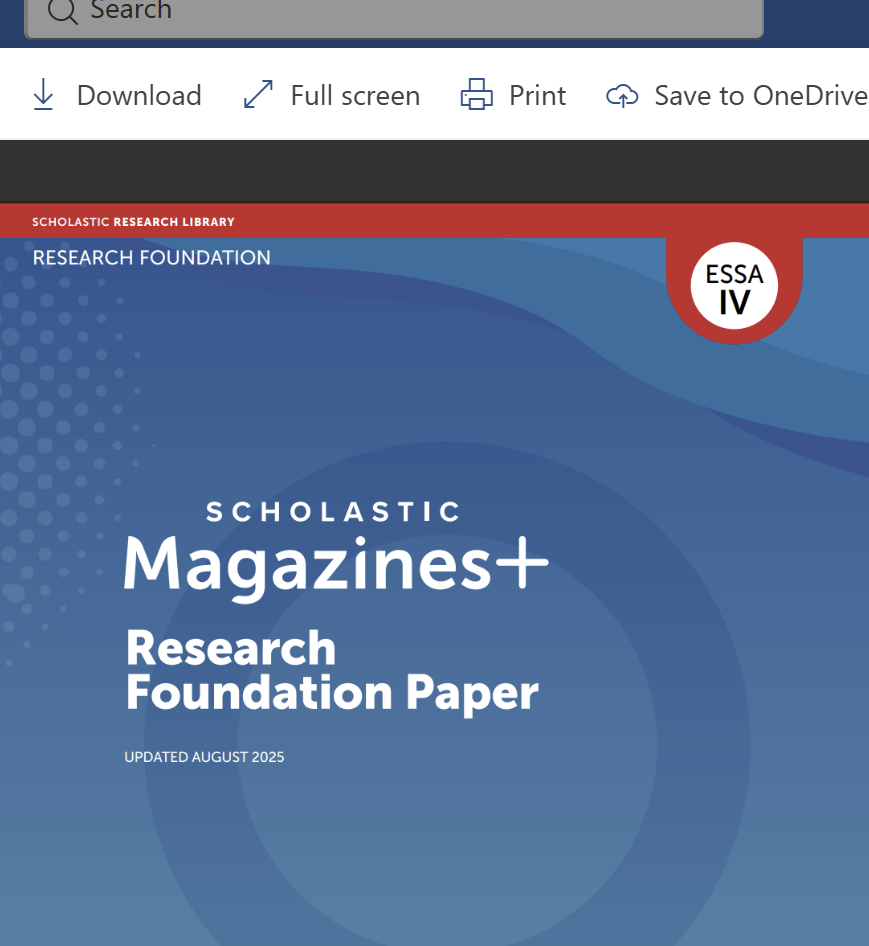 Cover of Scholastic Magazines+ Research Foundation Paper, updated August 2025, labeled Essa IV